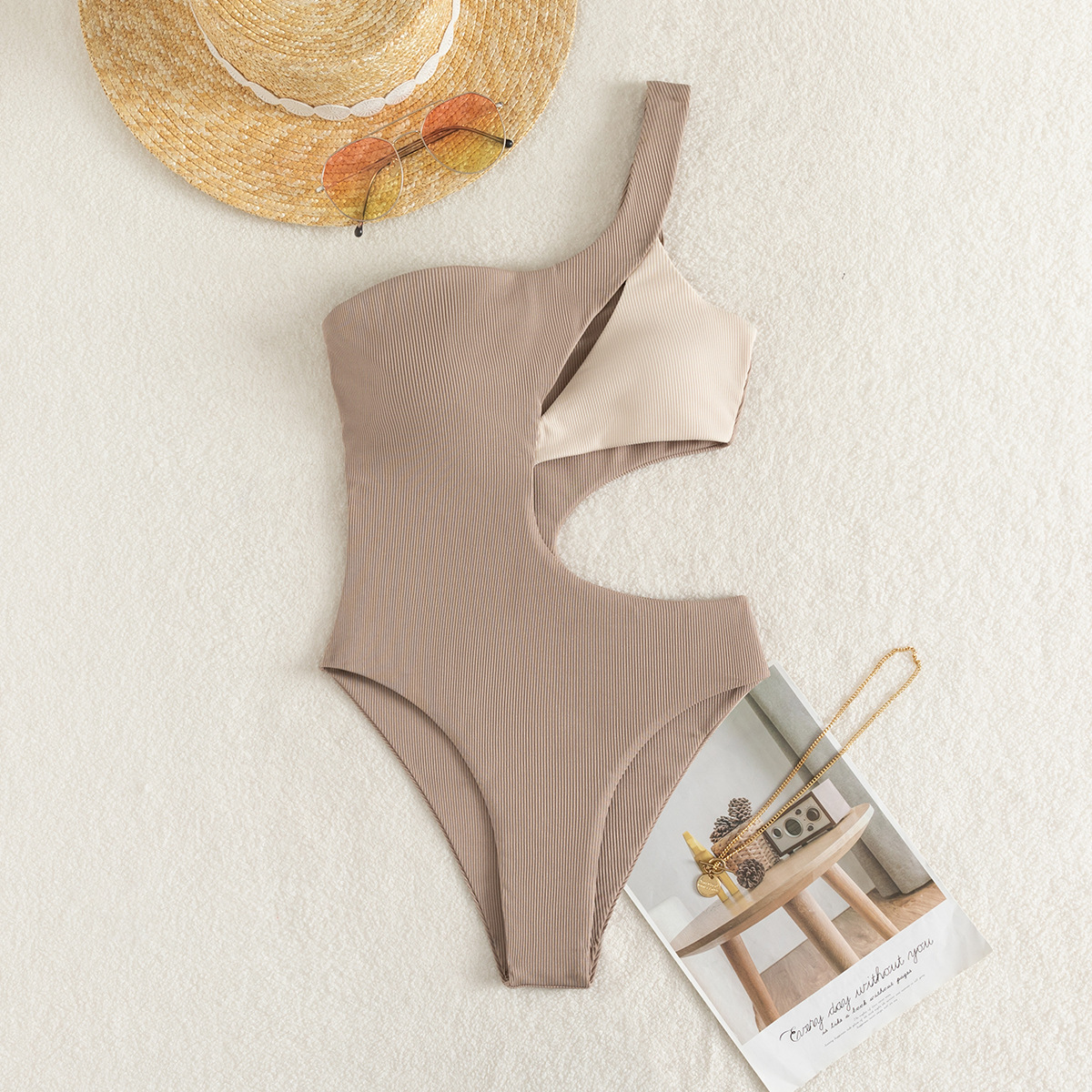 European And American Solid Color One-shoulder Bikini Swimsuit Cut-out Amazon Sexy One-piece Bikini