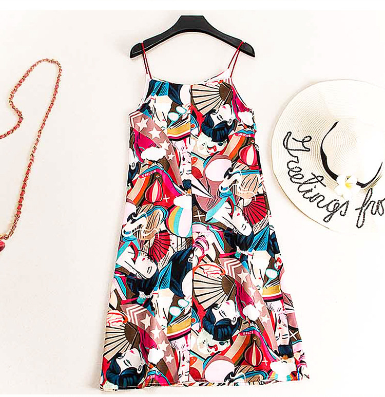 Beach Skirt For Seaside Holiday Summer Ladies' Printed Mid-length Suspender Dress