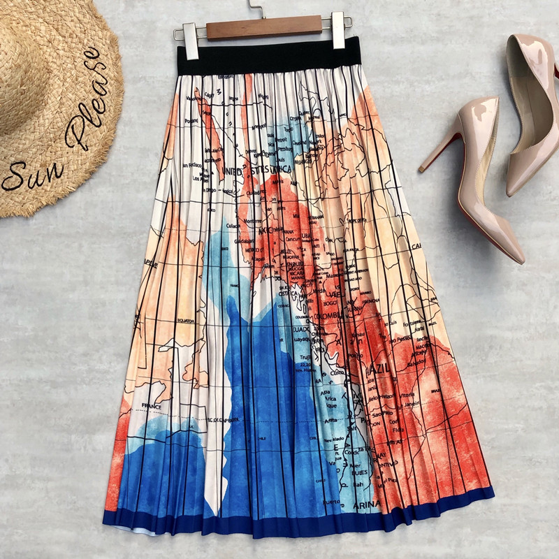 Pattern And Color Skirt Map Print Graffiti Pleated Skirt Draped Pleated A-line Long Skirt