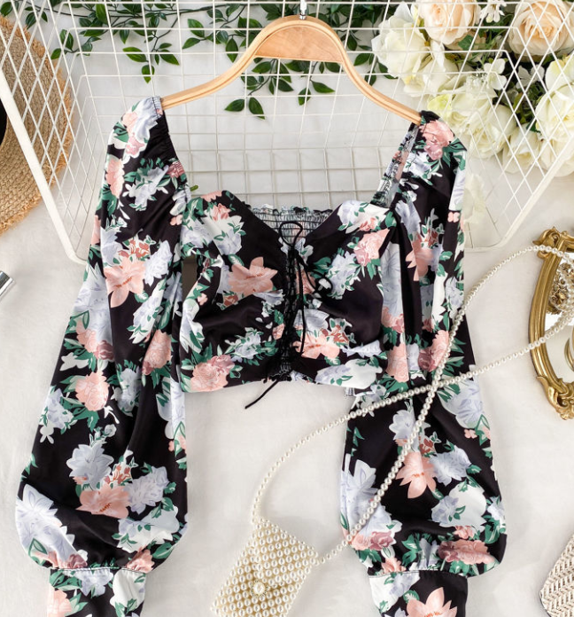 Cute Square Neck Elastic Slim Fit Foreign Air Bubble Sleeve Short Style Exposed Navel] Sweet Print Top