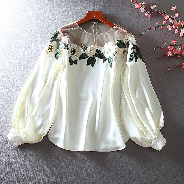Hollow Out Shoulder Off Fashion Niche Loose Lantern Sleeve Satin Bottom Shirt For Women's Top