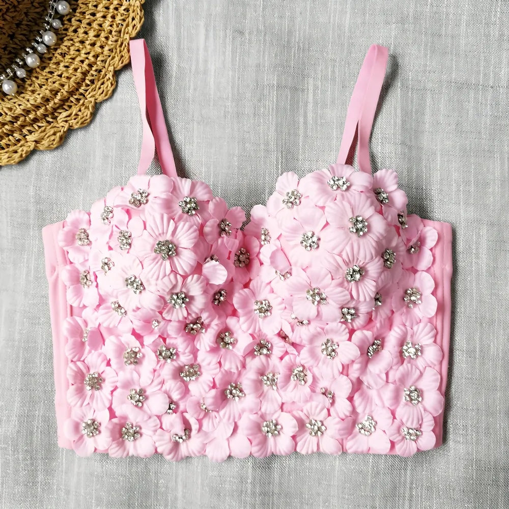 Flower Studded Bead Suspender For Women, Sweet And Cool Small Vest, Waist Length Short Shaped Top, Girl Petal Wrap Chest