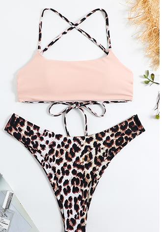 Split Swimwear Women's Sexy Bikini Elastic Band Splice Leopard Print Open Back Strap High Waist