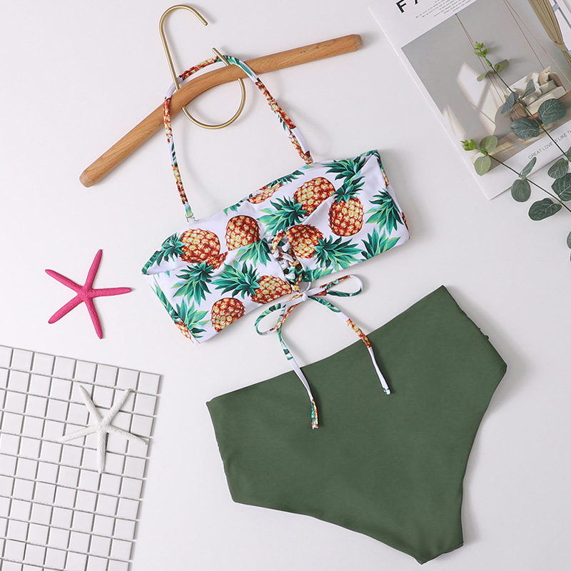 Pineapple Flower Strap Bikini Split Swimsuit High Waist Swimsuit
