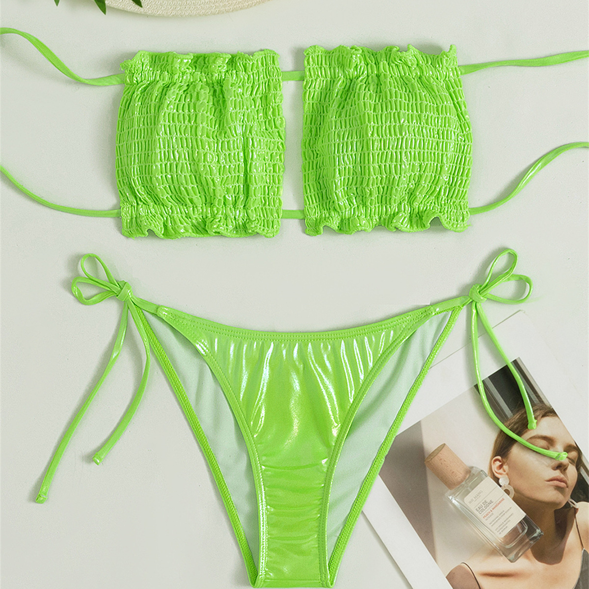 Split Solid Color Swimwear European And American Aliexpress Wish Foreign Trade Drawstring Bikini