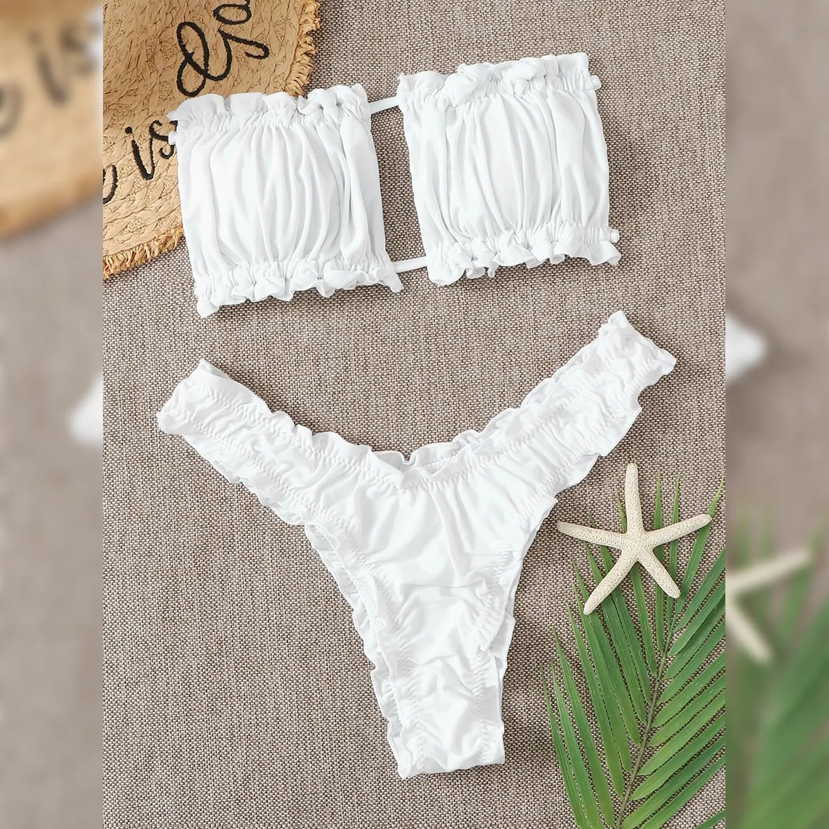 Solid Pleated Edge Bra Style Triangular Swimsuit Bikini Swimsuit White Spicy Girl With Wooden Ear Edge Strap