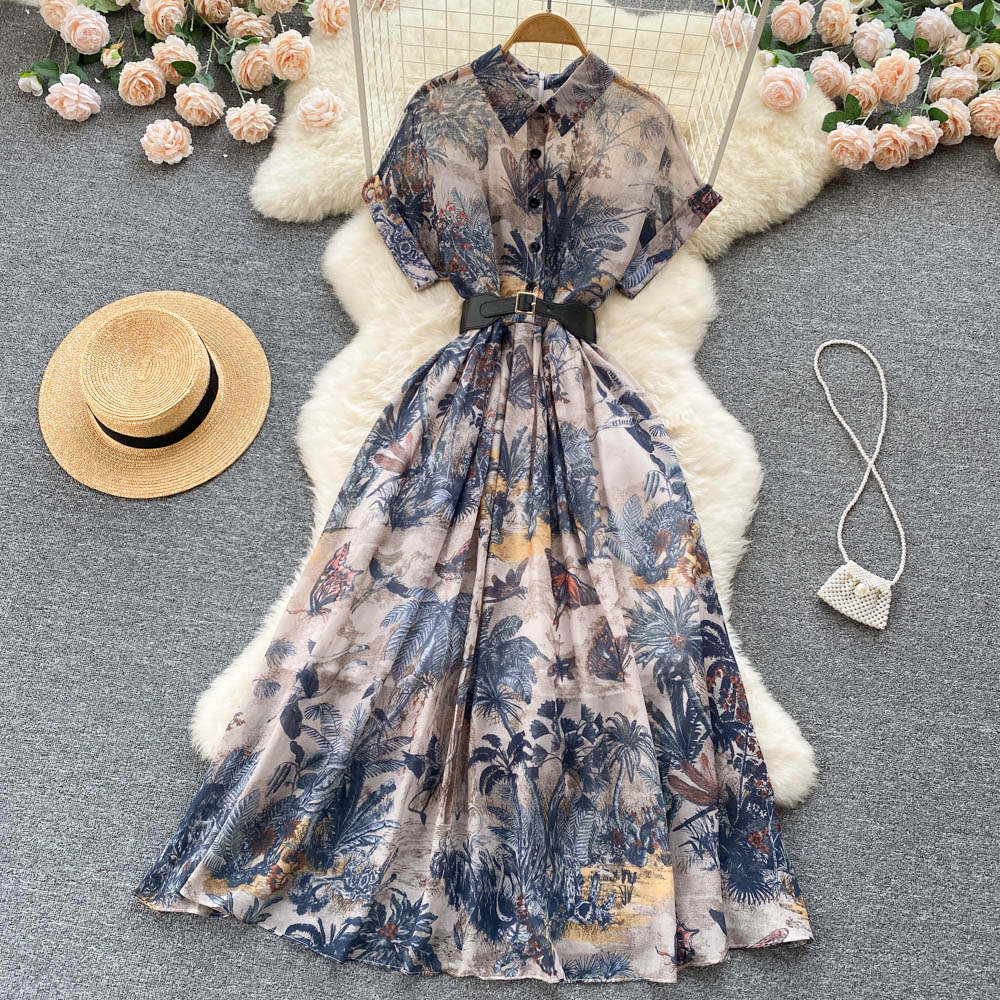 Elegant Printed Dress For Women's Summer Style With A Slim Waist And Gentle Style Long Skirt