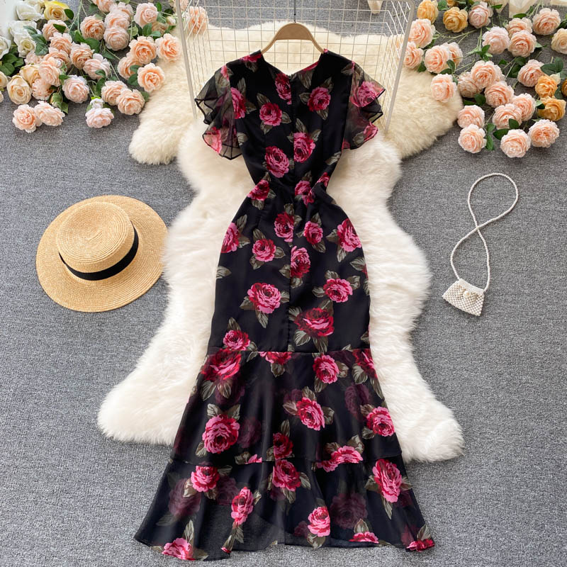 Chiffon Printed Dress With Elegant Ruffle Edge Fishtail Dress For Women