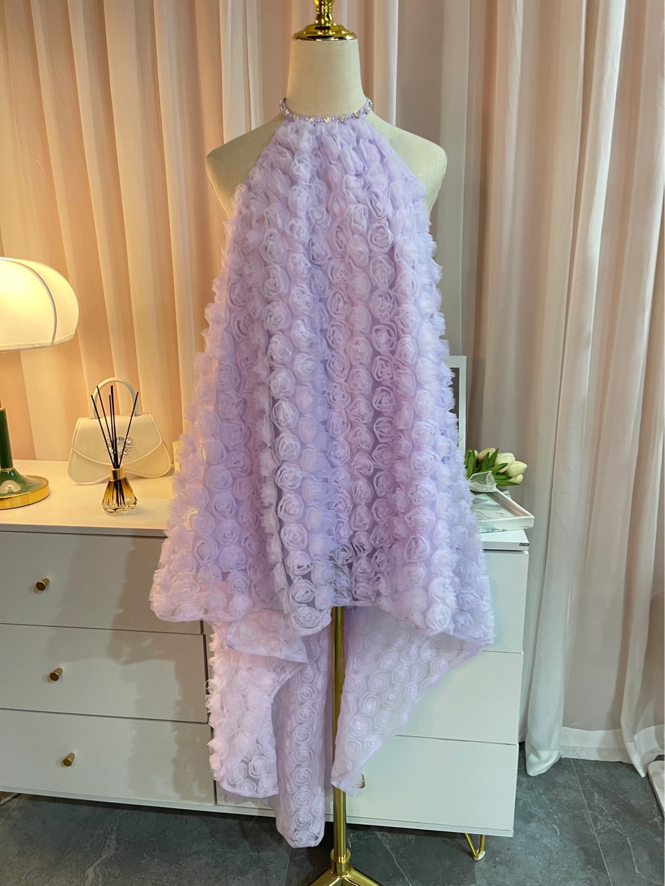 Purple 3d Rose Diamond Chain Hanging Neck Swallowtail Dress