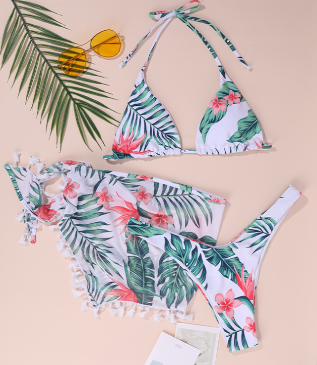 Sexy Backless Printed Two-piece Swimsuit Three-piece Halter Strappy Bikini