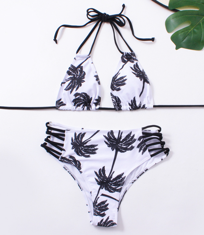 Coconut Tree Print Swimsuit Boom Halter Split Bikini Sexy Beach Swimsuit