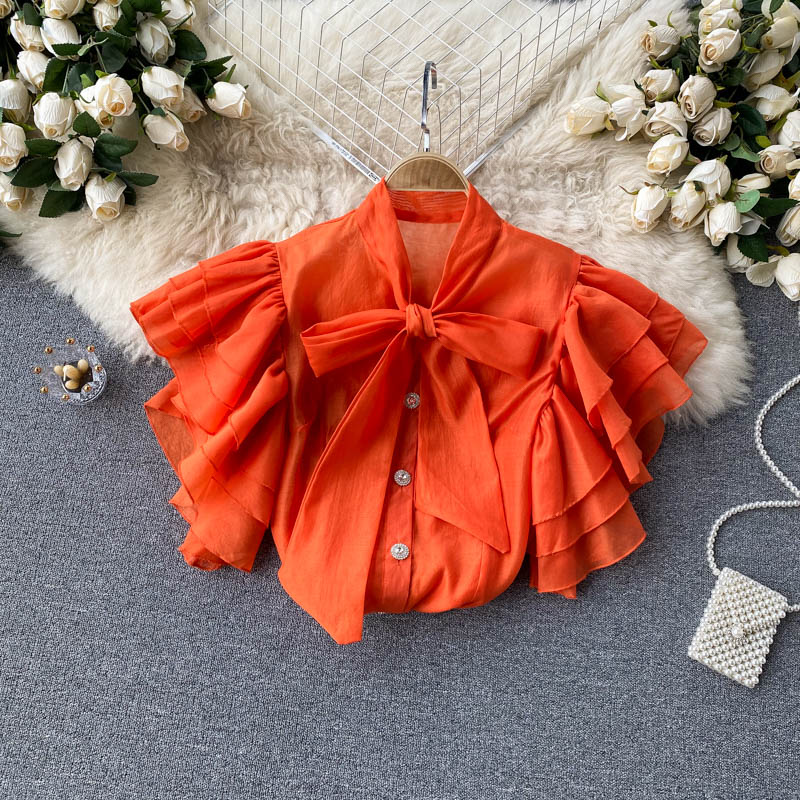 Small Design With Many Layers Of Ruffled Sleeves Sweet Tie Up Bow Collar Slim Blouse Woman