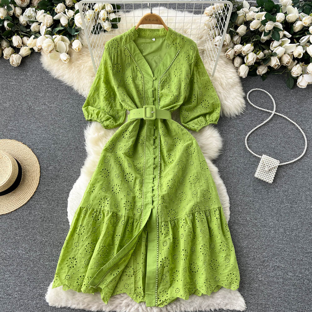V-neck Hollow-out Dress Women Bubble Sleeve Loose Embroidery Light Cooked Wind Waist Slimming Ruffled Edge Long Skirt