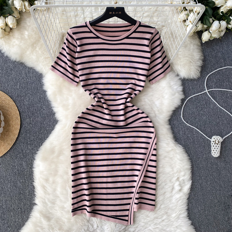 Striped Knit Dress Women's Thin Summer Irregular Niche Design Sense Round Neck Bag Hip Simple Style Skirt