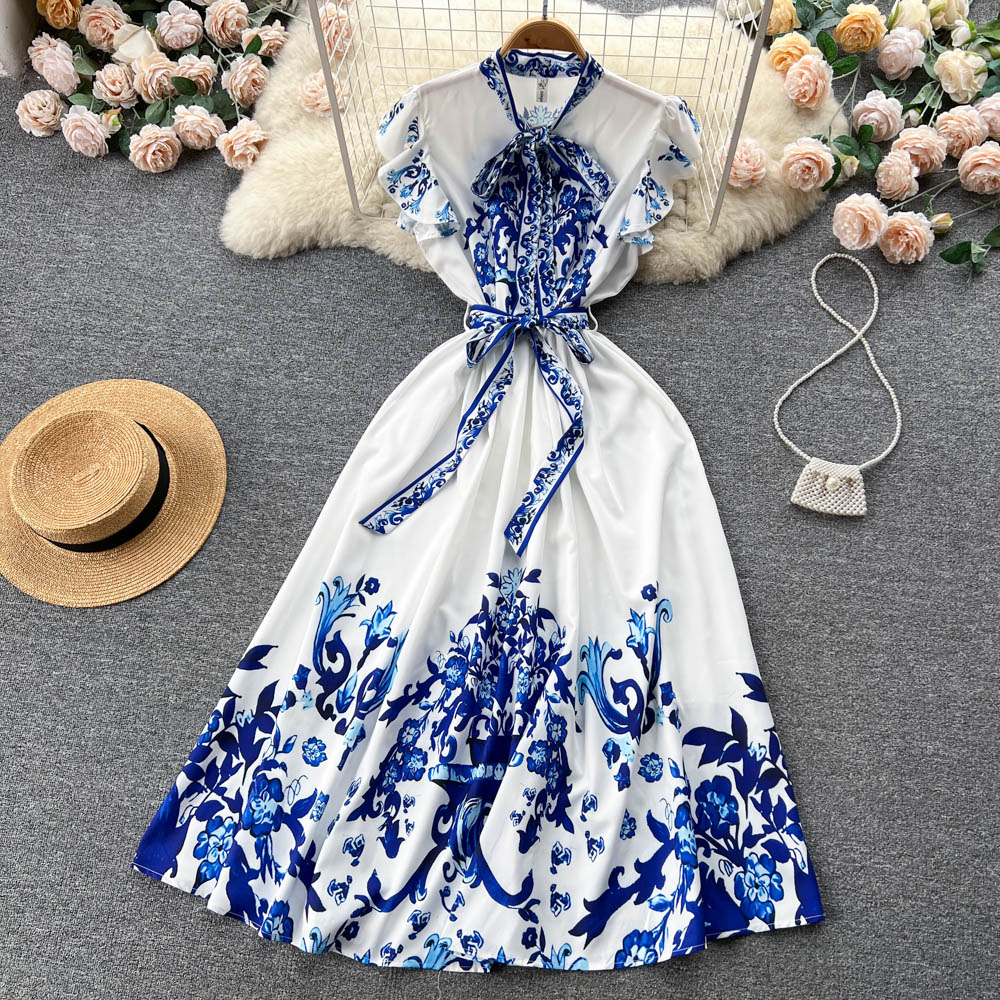 Print Small Flying Sleeve Slim-fit A-line Dress Female Waist Bow Collar In Instagram Long Swing Skirt Dress