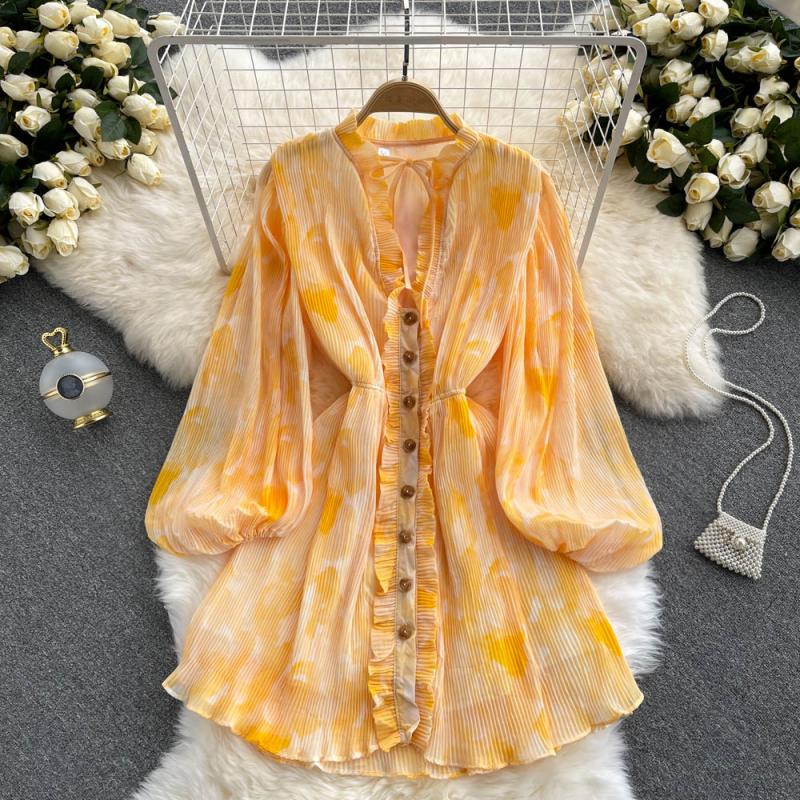 Light Wind Vintage Print Dress Women's Autumn Froth Sleeve Wood Ear Collar Lace-up Waist Blouse Dress