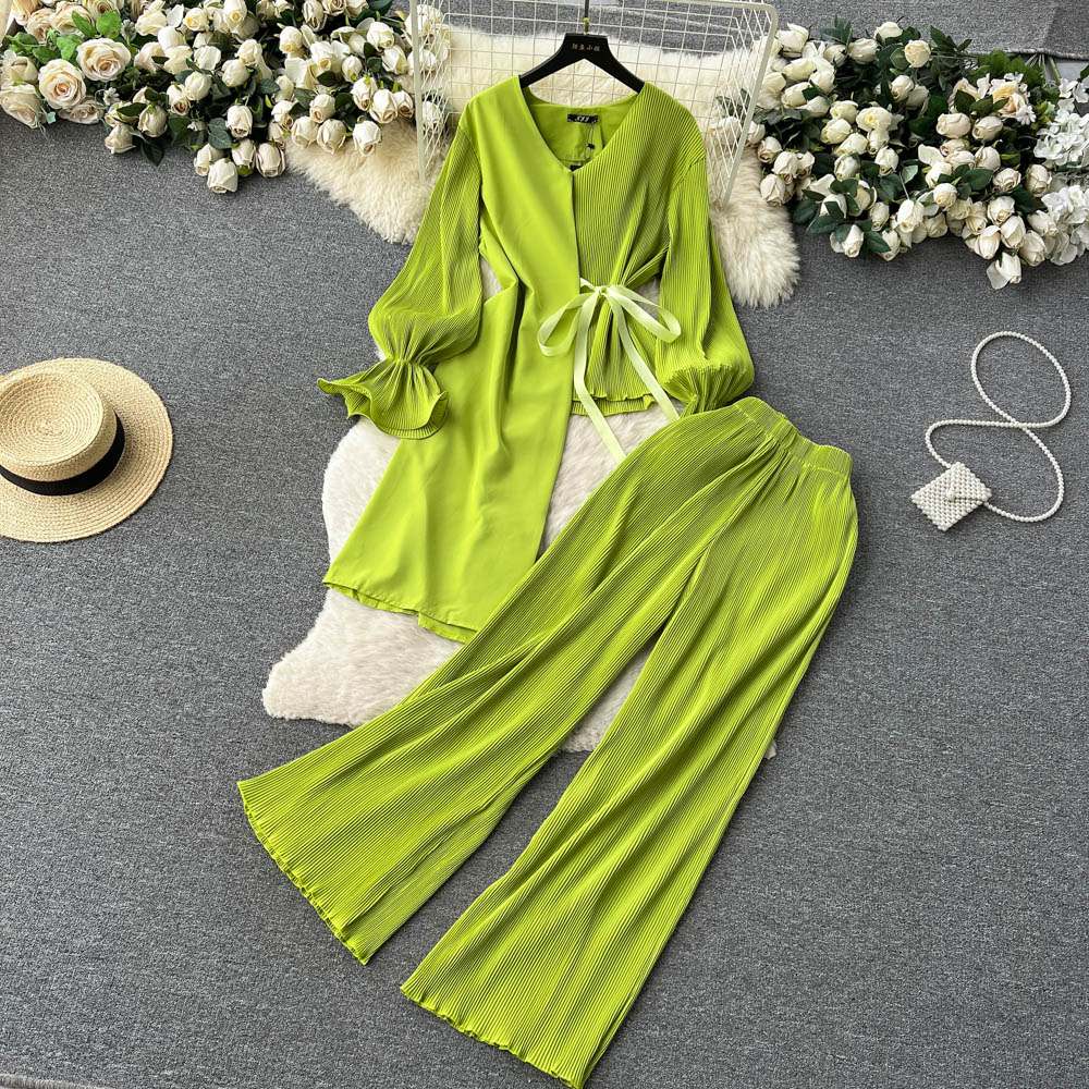 V-neck Lace-up Irregular Flared Sleeves Top Elastic Waist Wide Leg Pants Slimming Fashion Two-piece Set Trend