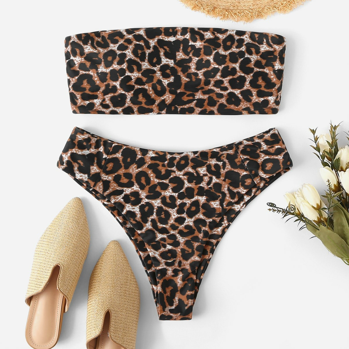Two Piece Strapless Leopard Bikinis Swimwear Bathsuit