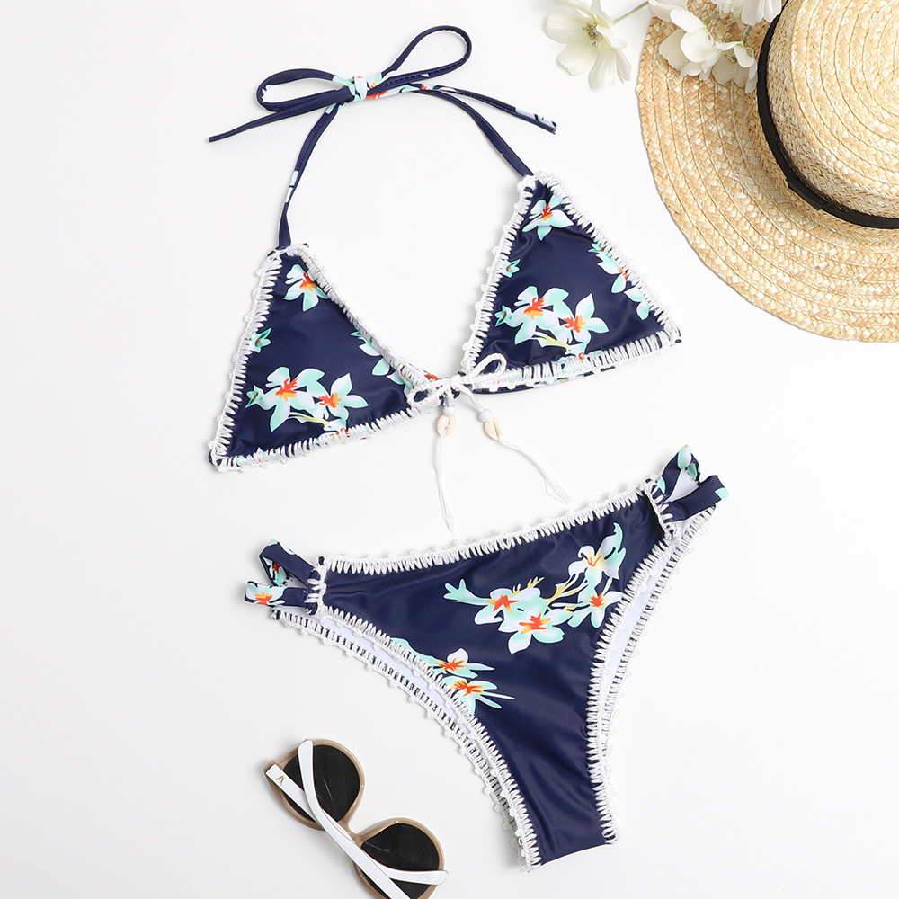 Floral Woven Two Piece Navy Blue Bikinis Swimwear Bathsuit