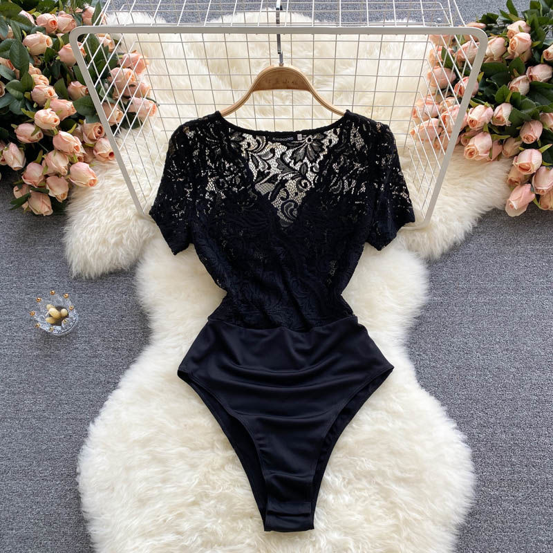 Niche Sexy See-through Lace Patchwork Jumpsuit Women's Base