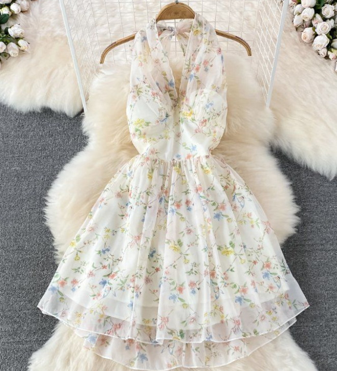 Backless Sleeveless A-line Floral Cake Dress High-waisted Princess Dress