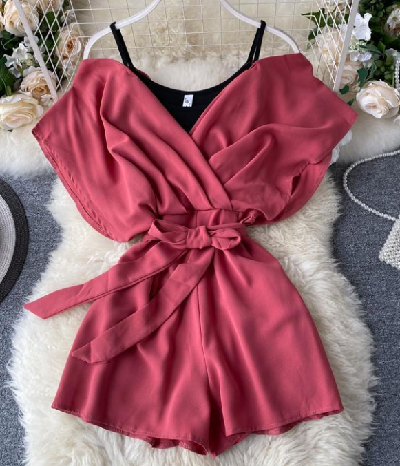 Fake Two-piece Set With Careful Design, Off-the-shoulder, Short Sleeve, Waist And Lace-up Wide-leg Jumpsuit Romper