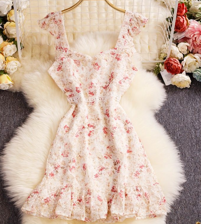 Vintage Lace Lace Embroidery Floral Dress Son Summer Female Sweet Skirt
