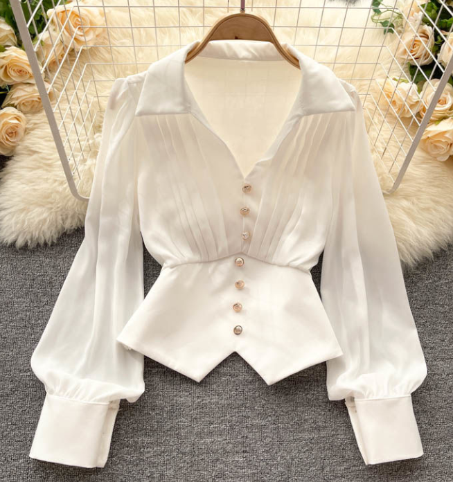 Ruffled V-neck Long Sleeve Shirt For Women French Chic Top With Irregular Hem And Puffed Sleeves