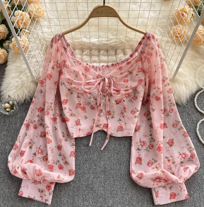 Floral Small Fresh Short Crop Slim Shirt For Women With Bow Super Fairy Bubble Sleeve Top