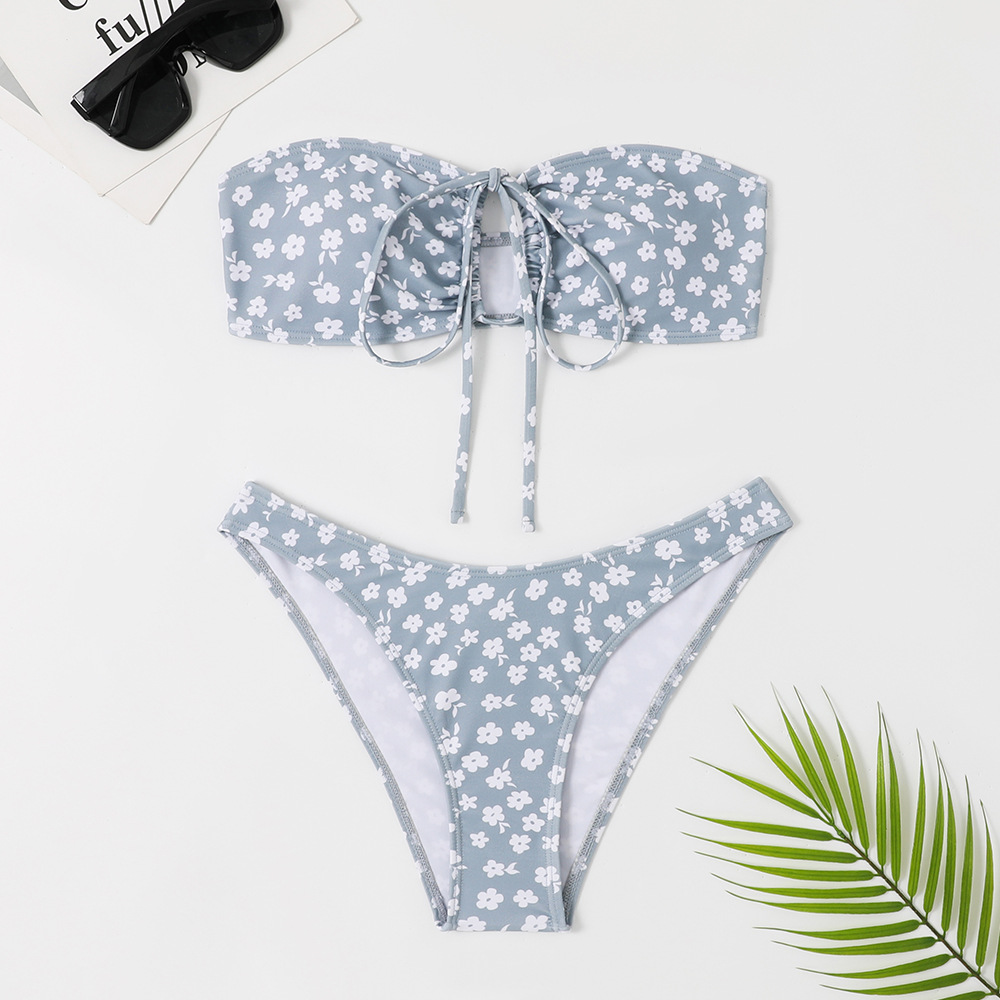 Split Triangle Bikini Floral Print Solid Color Lace-up Swimsuit