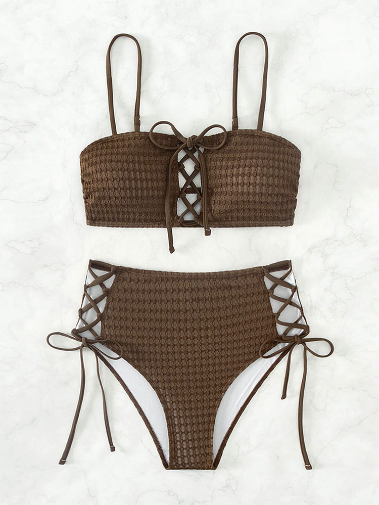 Summer Solid Color Breast Top Lace-up Two-piece Swimsuit Sexy High Waist