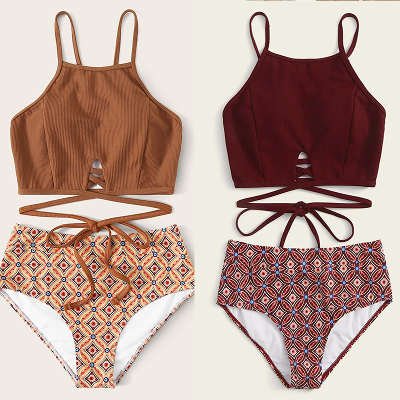 High-waisted Sexy Brown Two-piece Swimsuit Bikini For Women Brown Color