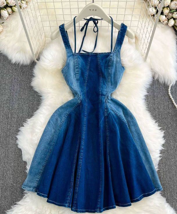 american vintage denim dress Design Sense Denim Slip Dress American Vintage Temperament Hanging Neck  Square Collar Waist Slimming on Luulla