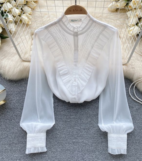 Long Sleeve Organza Shirt Women's Autumn Wooden Edge Design Feeling Niche Super Fairy Top