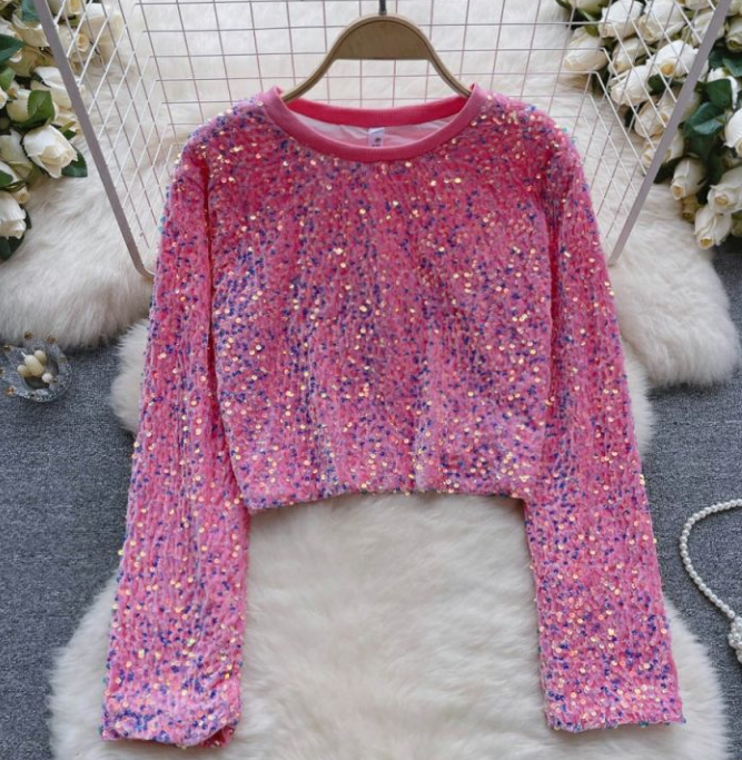 Heavy Sequins Glitter Short Long Sleeve Top Chic Chic Temperament Loose All Round Neck T-shirt Tide