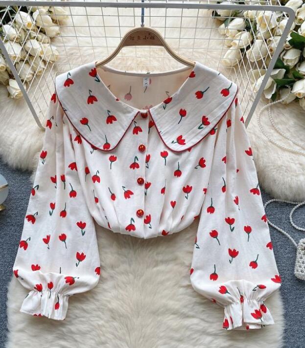 Vintage Romantic Advanced Sense Doll Collar Floral Shirt Women's Autumn Loose Design Puffy Sleeve Top