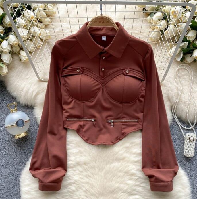 Female Autumn Wear Tooling Design Sense Slim Long Sleeve T-shirt Sexy Temperament Crop Shirt
