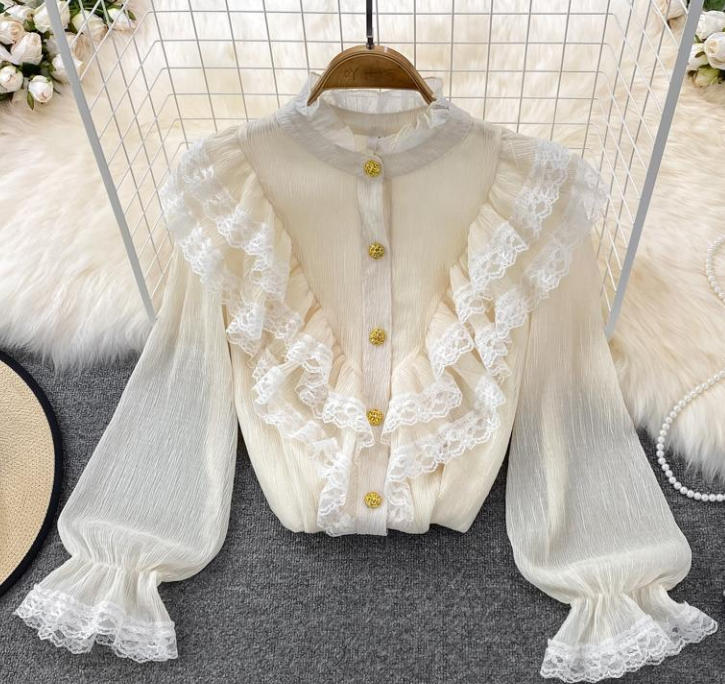 Stand Collar Lace Lace Flared Sleeve Chiffon Shirt Spring Autumn Long Sleeve Loose Ruffled Style Chic Top