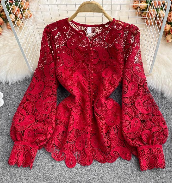 Royal Style Super Fairy Design Sense Round Neck Hollowed-out Hook Lace Shirt Style Short Top