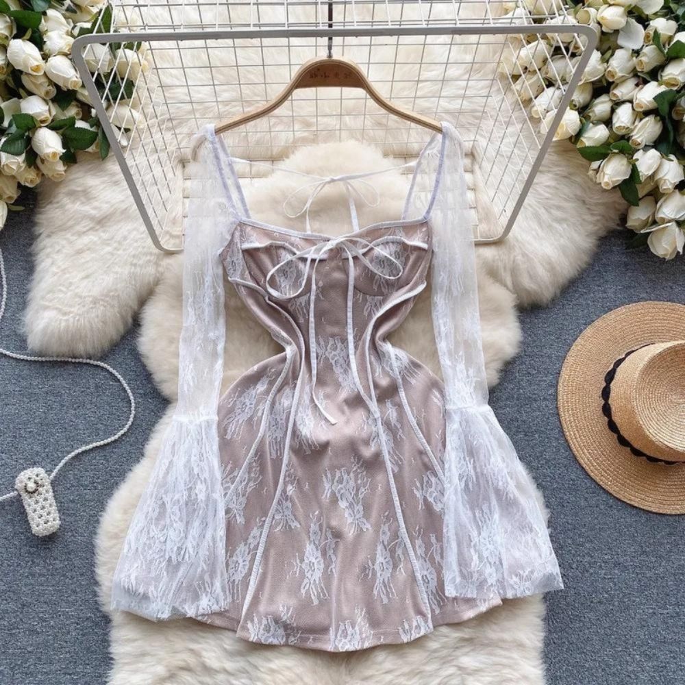 Taupe Satin Lace Dress With Long Sheer Sleeves