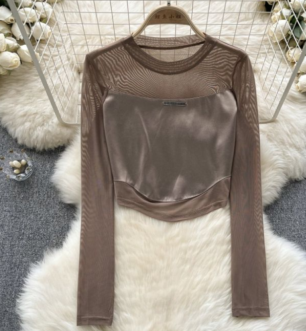 Long Sleeve T-shirt Women's Autumn Base Shirt Pure Desire Spice Girl Crewneck Mesh Stitching Fake Two Tops