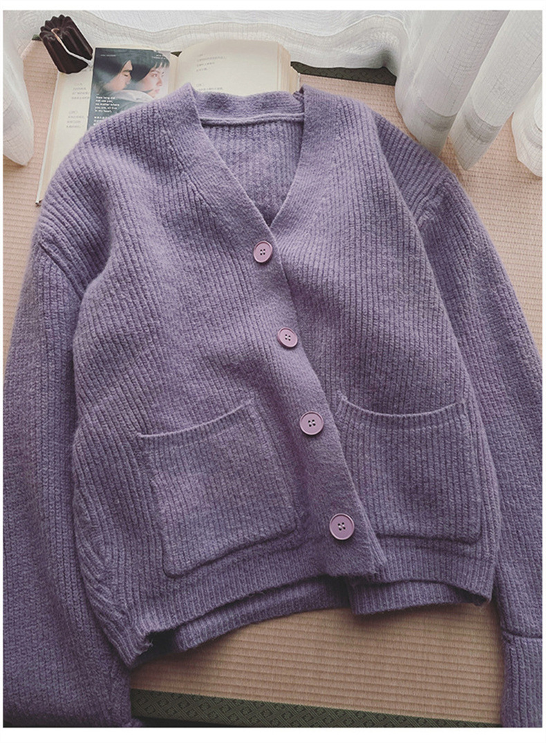 Solid Color V-neck Pocket Knitted Cardigan Women 2023 Autumn Sweet Chic Fold Cuff Sweater Coat