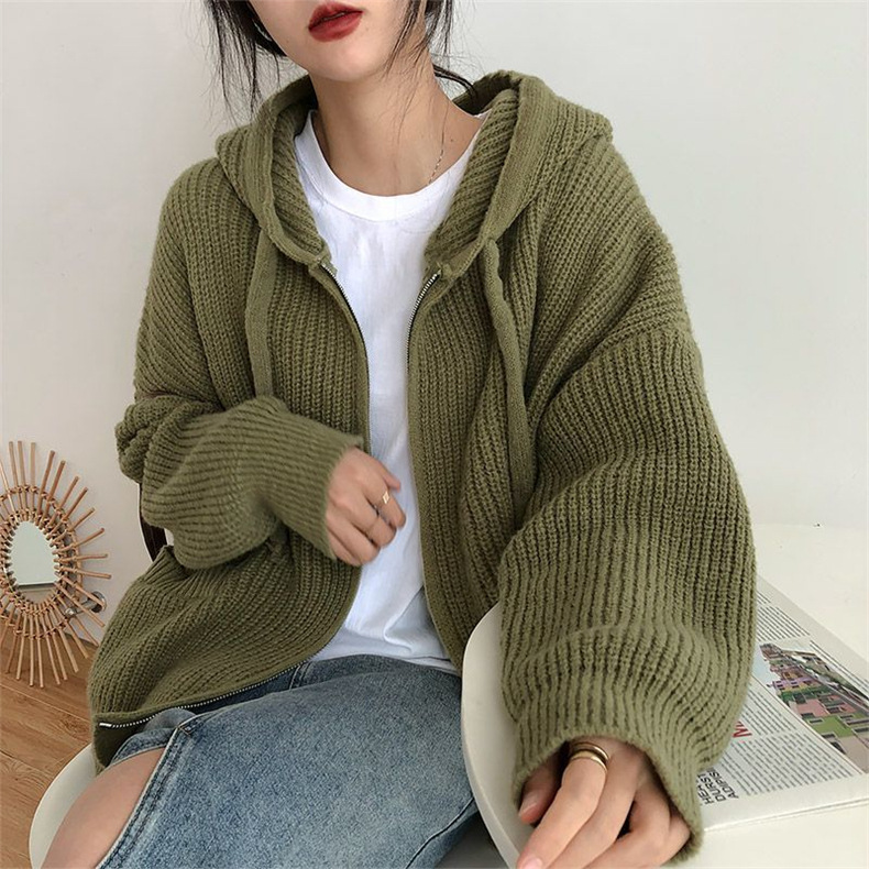 Loose Hooded Sweater Cardigan Coat For Women Autumn-winter 2023 Retro Lazy Knit Top Trend