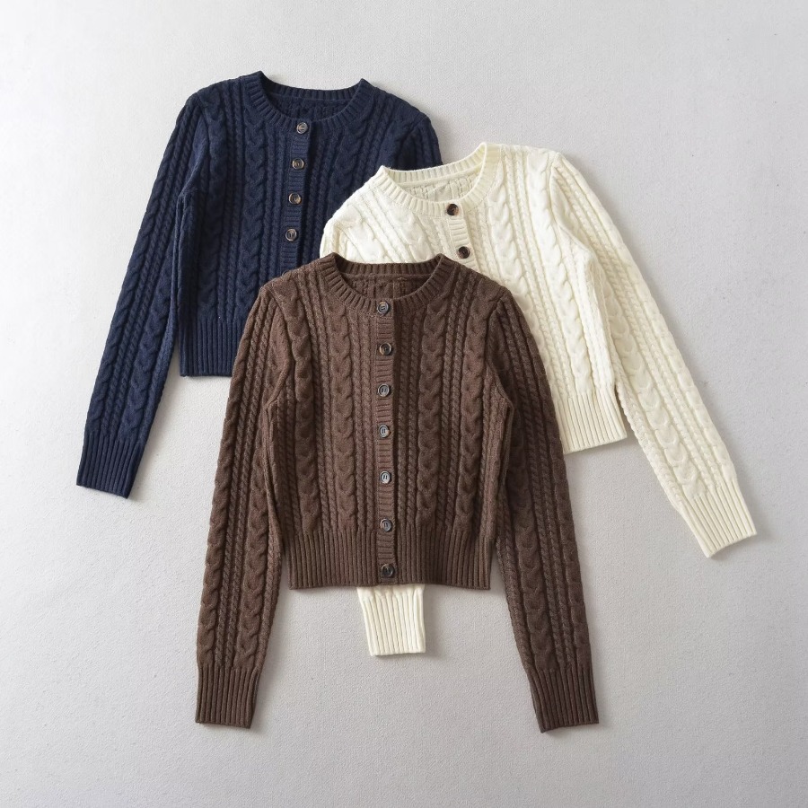 Autumn Knitted Cardigan Round Neck Loose Twist Single Breasted Short Women's Knitwear