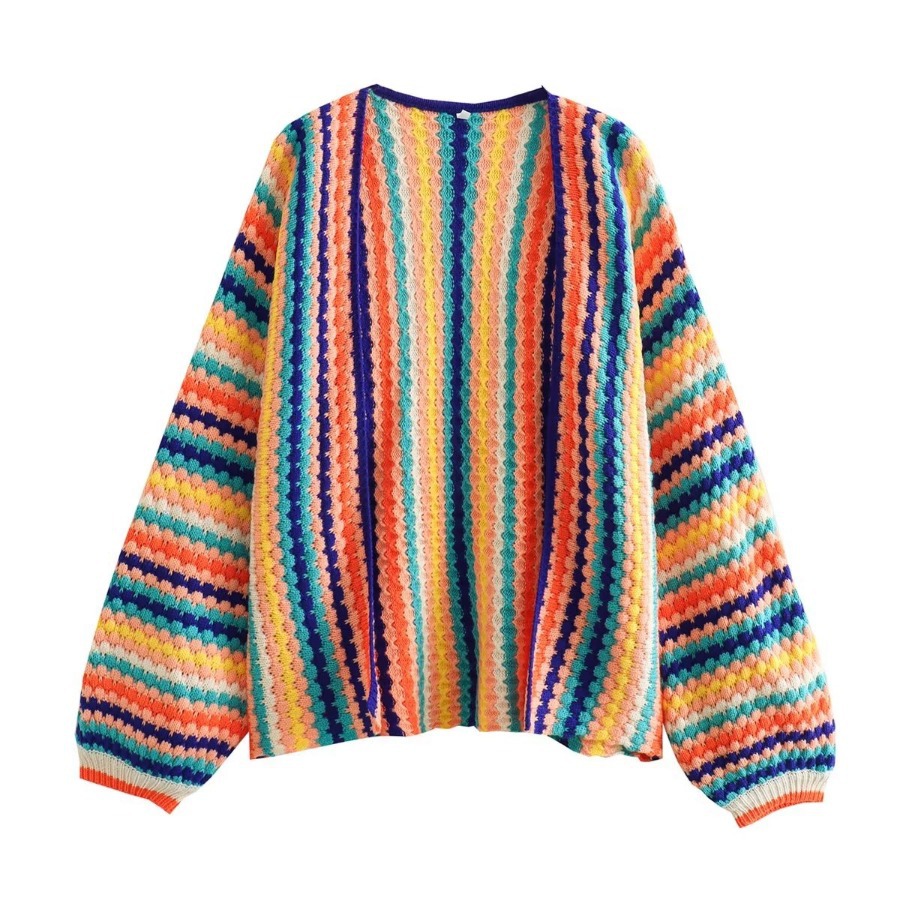Rainbow Strip Cardigan Long Sleeve Loose European And American Blogger Sweater Coat