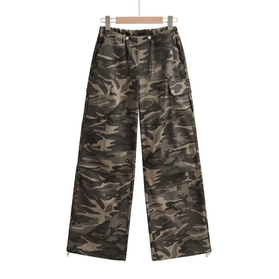 Camouflage Printed Wide Leg Pants High Waist Casual Loose Drawstring Cargo Pants