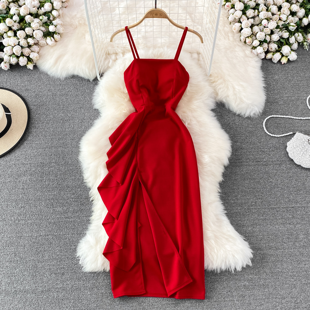 Red Evening Dress Women Fashion Slim-fit Sleeveless Halter Strapless Dress