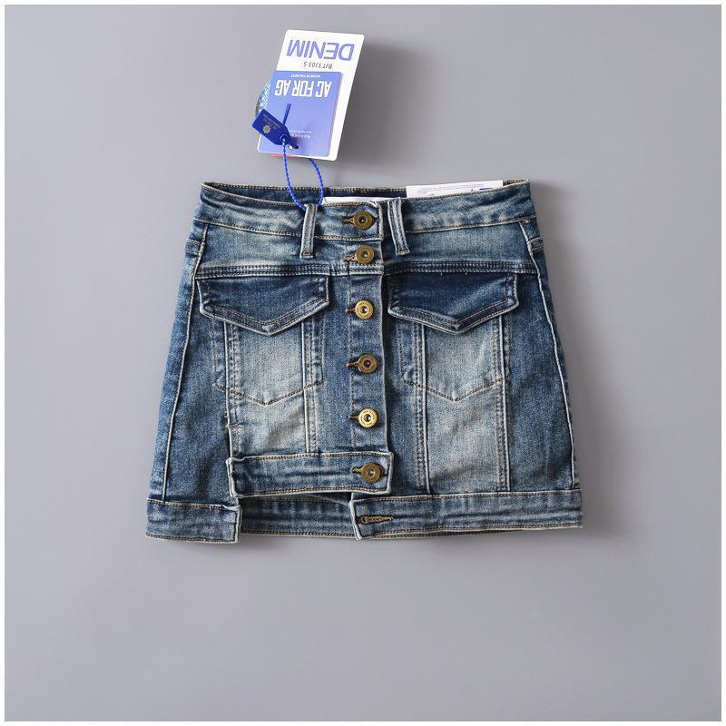 Vintage Stretch High-waisted Breasted Denim Skirt With Anti-slip Design