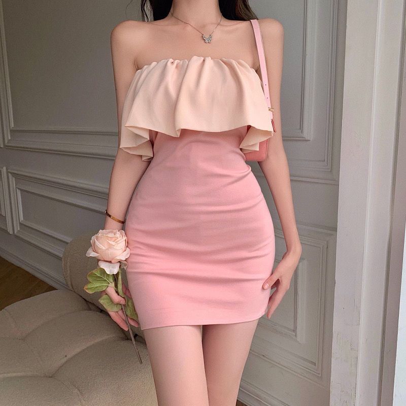 Ruffled Shoulder Strapless Dress Women's Summer 2023 Skirt Pink Hip Skirt