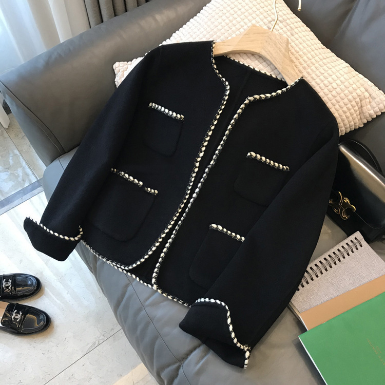 Fashion Contrast Color Double Sided Imitation Wool Woven Black Coat